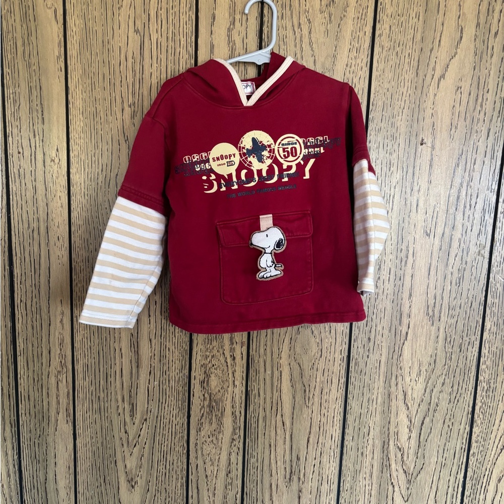Kids Snoopy Hooded Sweatshirt in Deep Red with Cream Striped Sleeves